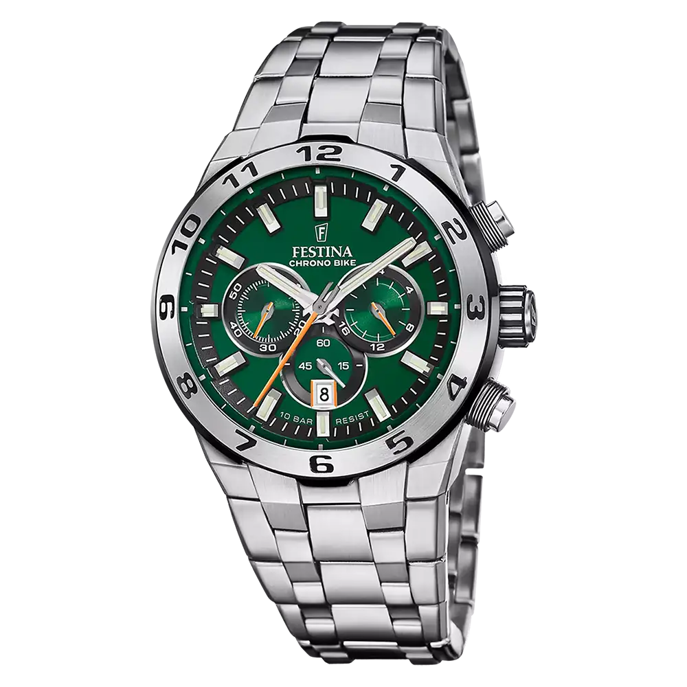 Festina Chrono Bike Herrenuhr mit grünem Zifferblatt, Chronograph und Edelstahlband
