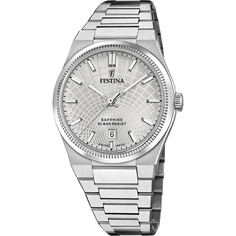 Festina Herrenuhr mit grauem Zifferblatt, Stahlarmband, Datumsfenster, Saphirglas