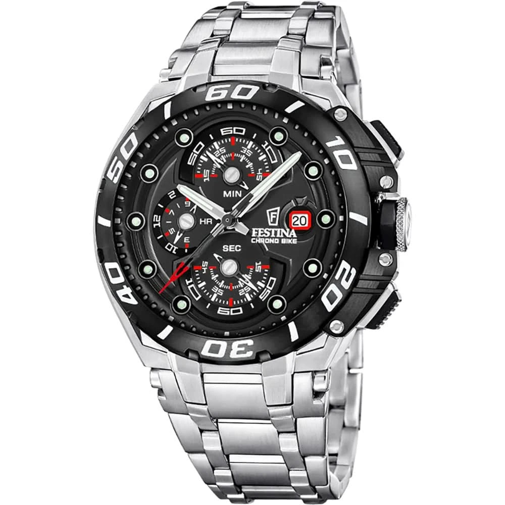 Festina Chrono Bike herrklocka med svart urtavla och silverfärgat metallarmband