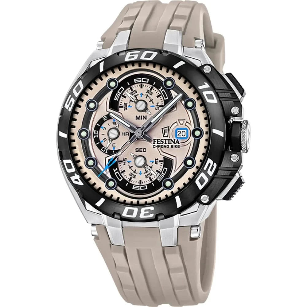 Festina herrklocka med kronograf, svart urtavla, dykar-/sportbezel och beige silikonband