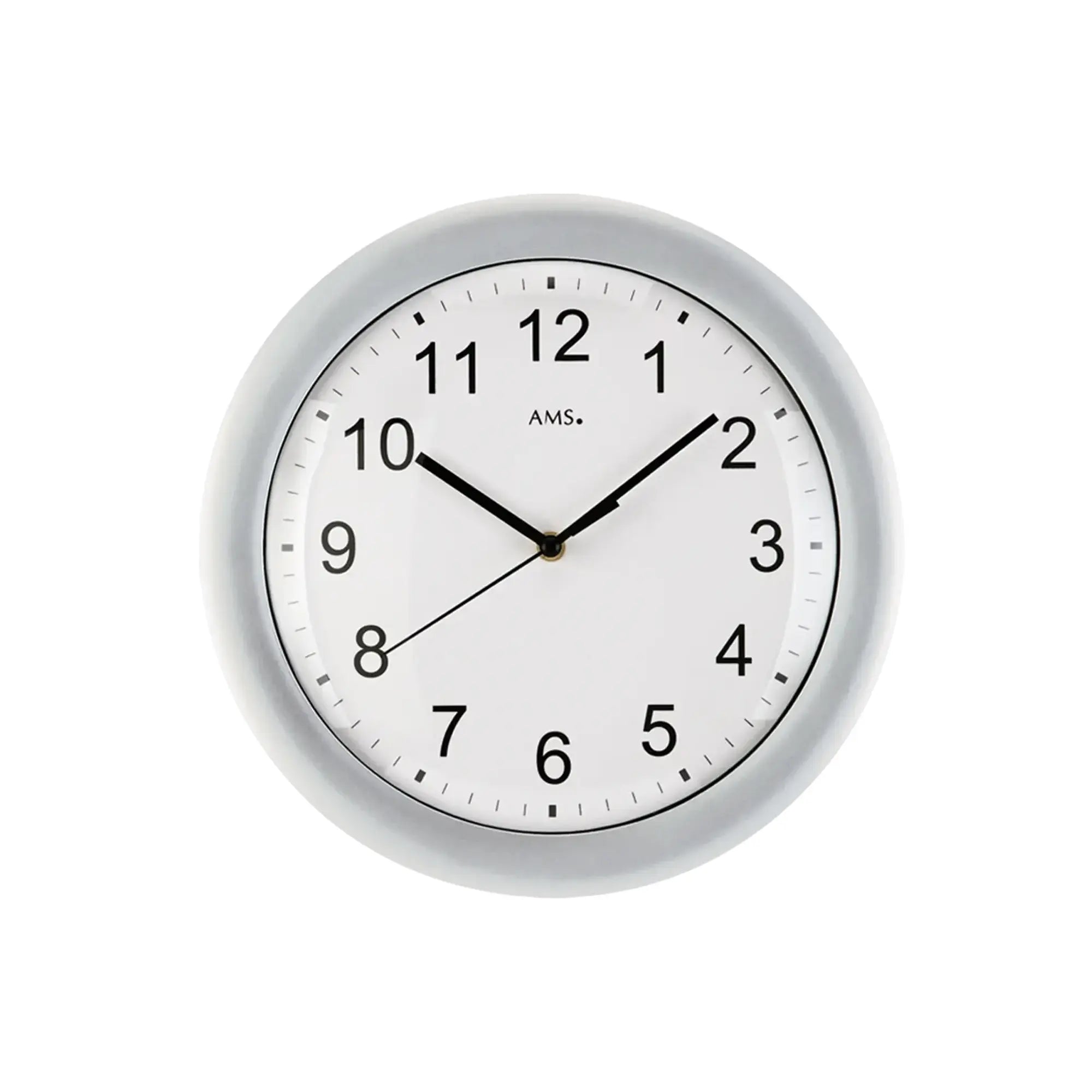 Wanduhr mit silbernem Rahmen und gewölbtem Mineralglas, weißes Zifferblatt, schwarze Zeiger