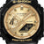 Casio G-Shock närbild: guldfärgad urtavla med svarta visare, WR 20 BAR-tryck