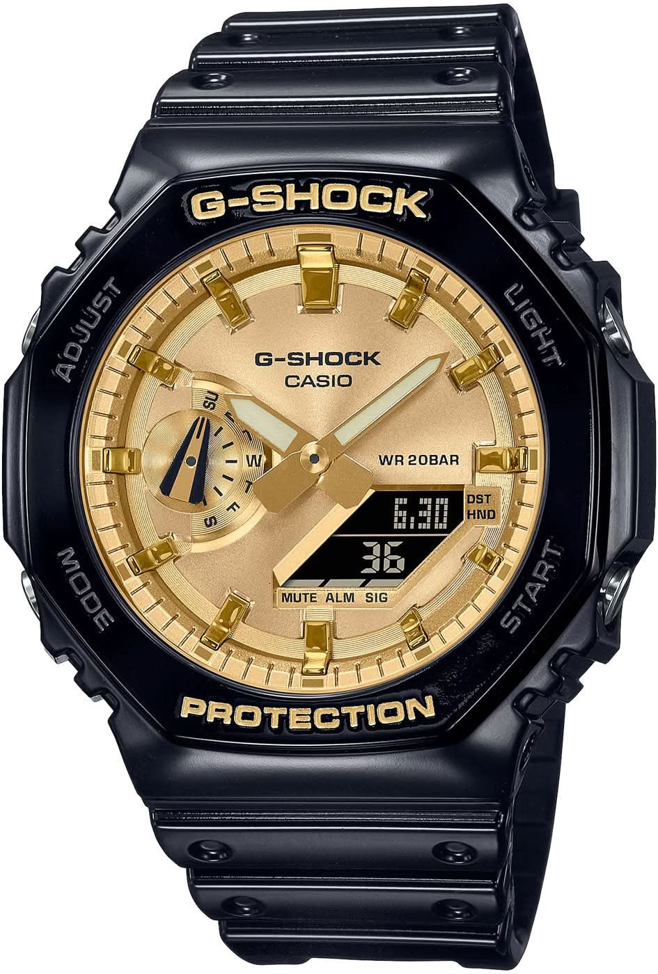 Casio G-Shock herrklocka med svart boett, guldfärgad urtavla och gummiband