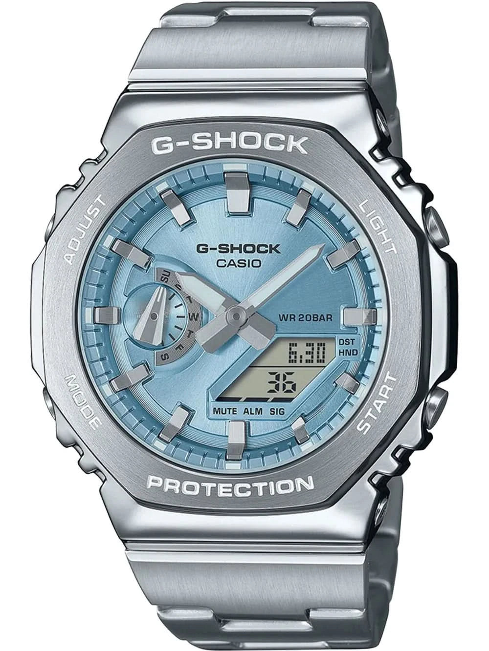 Casio G-Shock herrarmbandsur: blå urtavla, stållänk, åttkantigt boett