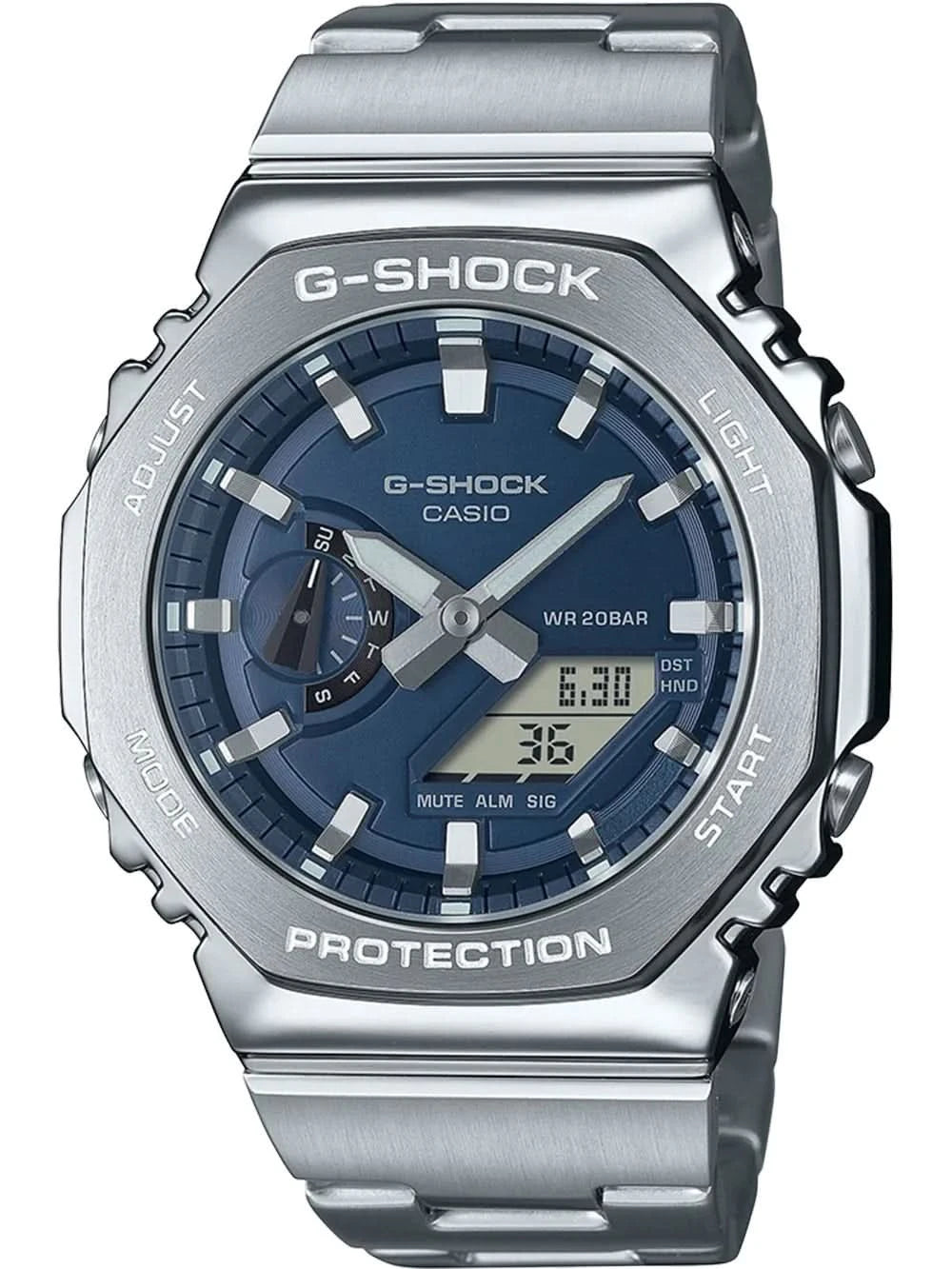 Casio G-Shock herrklocka med armband i rostfritt stål, mörkblå urtavla och skyddande boett