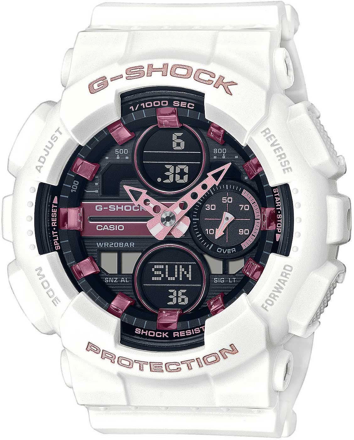 Casio G-Shock damklocka med vitt armband i plast, svart urtavla och rosa accenter