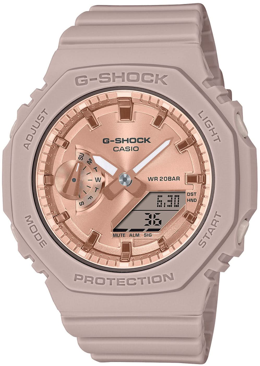 Damklocka med rund urtavla, accenter i roséguld och beige armband