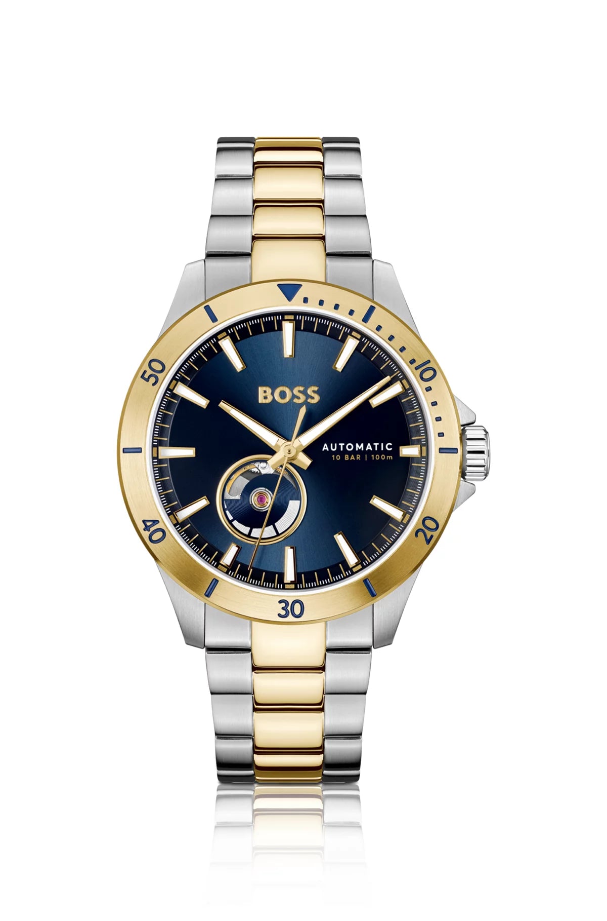 BOSS Troper Herrenuhr mit blauem Zifferblatt, Automatik, zweifarbigem Edelstahlarmband