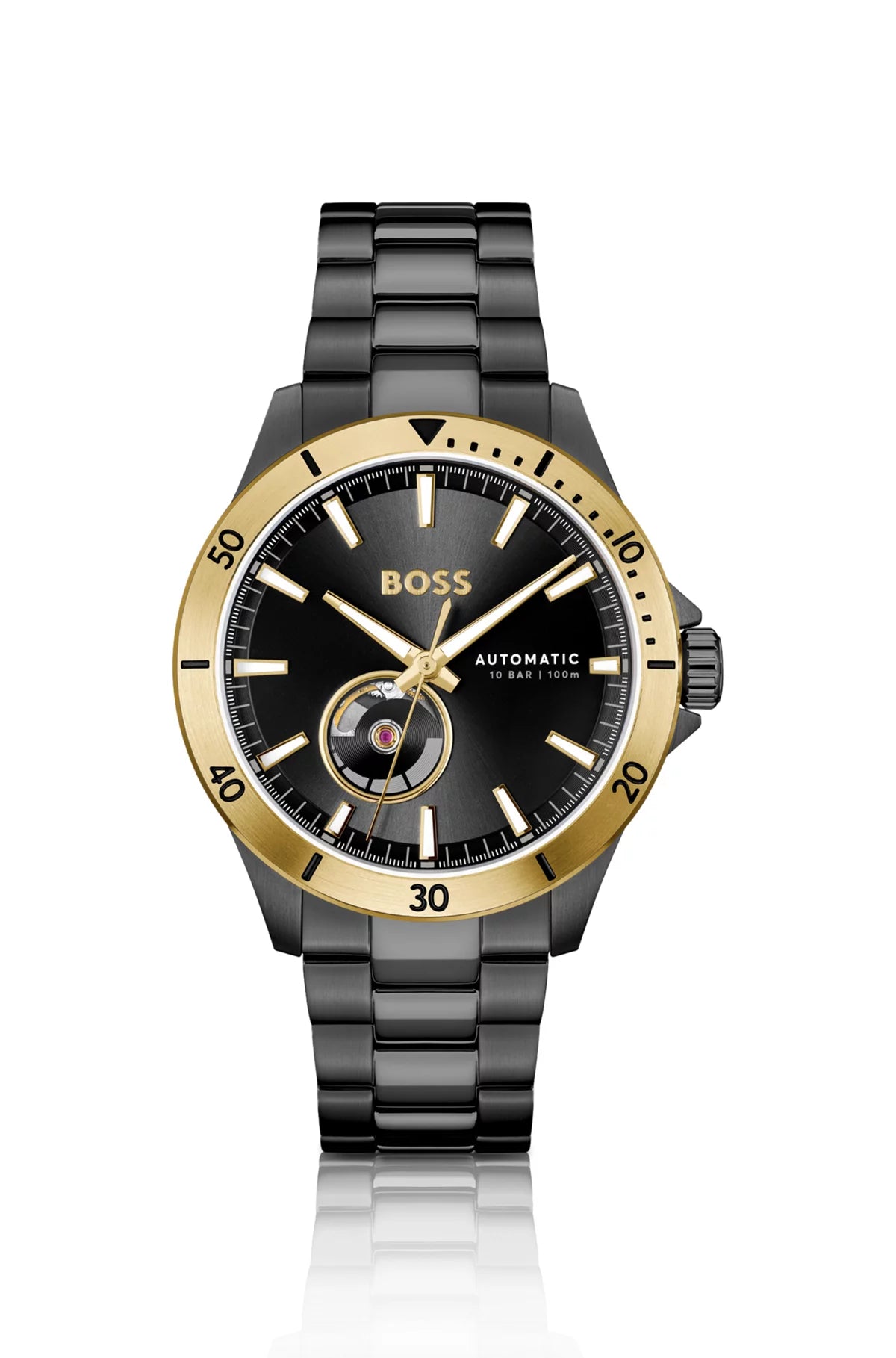 Herrenarmbanduhr BOSS mit schwarzem Zifferblatt, vergoldeter Lünette und schwarzem Armband