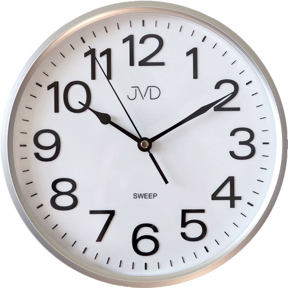 Rund väggklocka med silverfärgad kant, vit urtavla och svarta visare