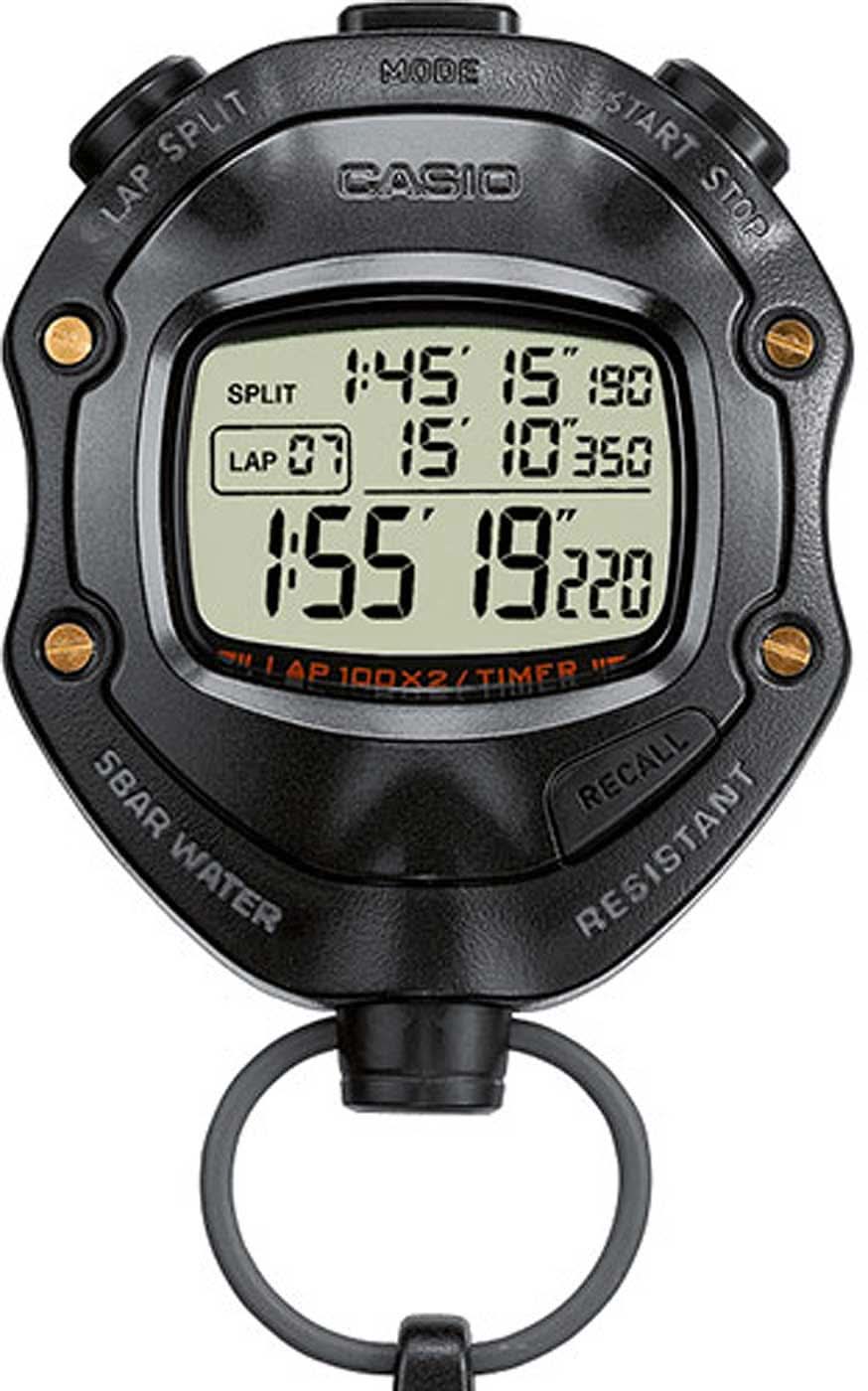 Casio digital stoppur, svart rund form med LCD-display och knappar