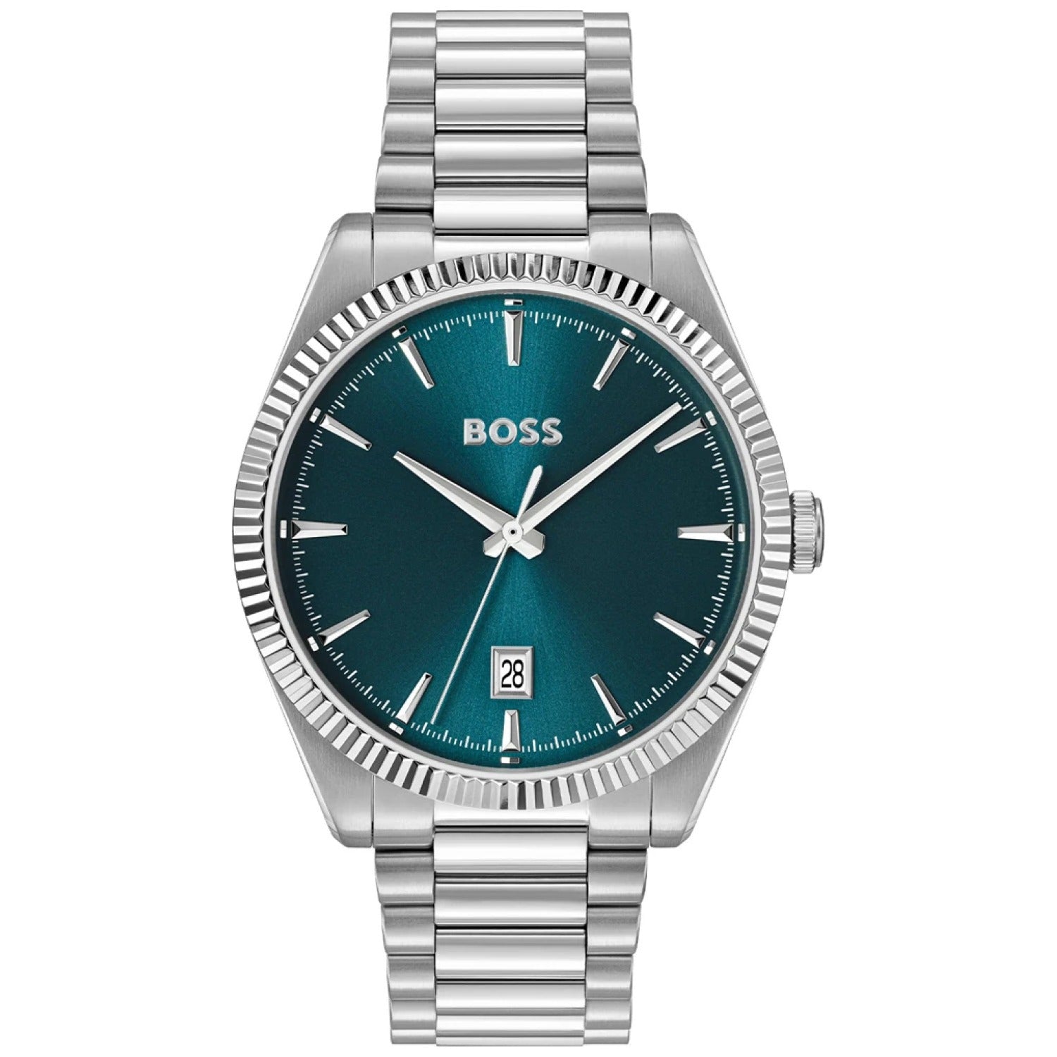 BOSS Herrenuhr mit blauem Sunray-Zifferblatt, Edelstahlarmband und analogen Zeigern