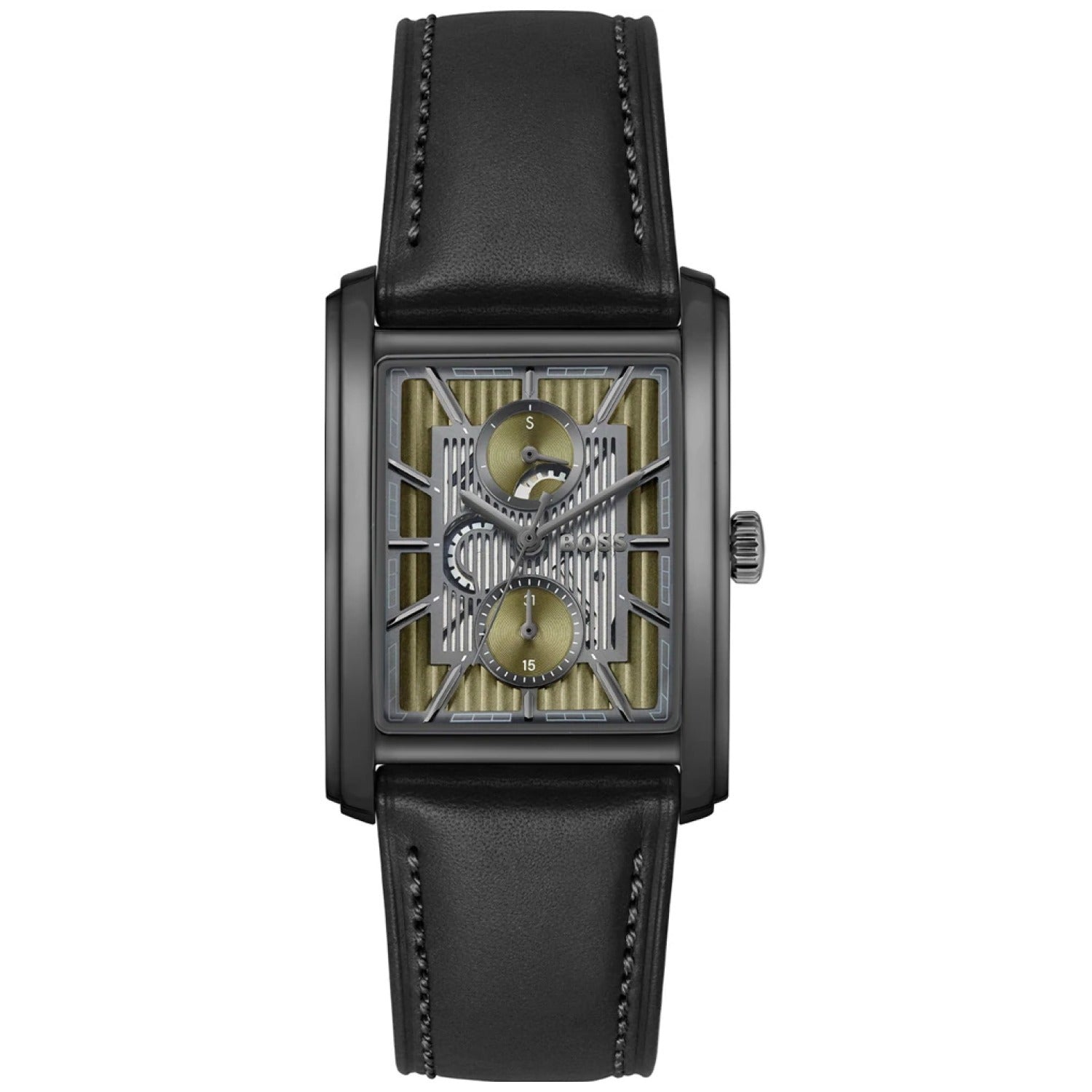 BOSS Herrenarmbanduhr mit rechteckigem Edelstahlgehäuse und schwarzem Lederarmband