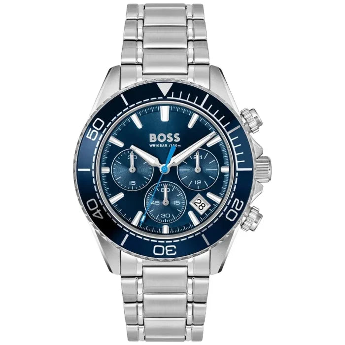 BOSS Herren-Chronographenarmbanduhr mit blauem Zifferblatt, Edelstahlgehäuse und -band
