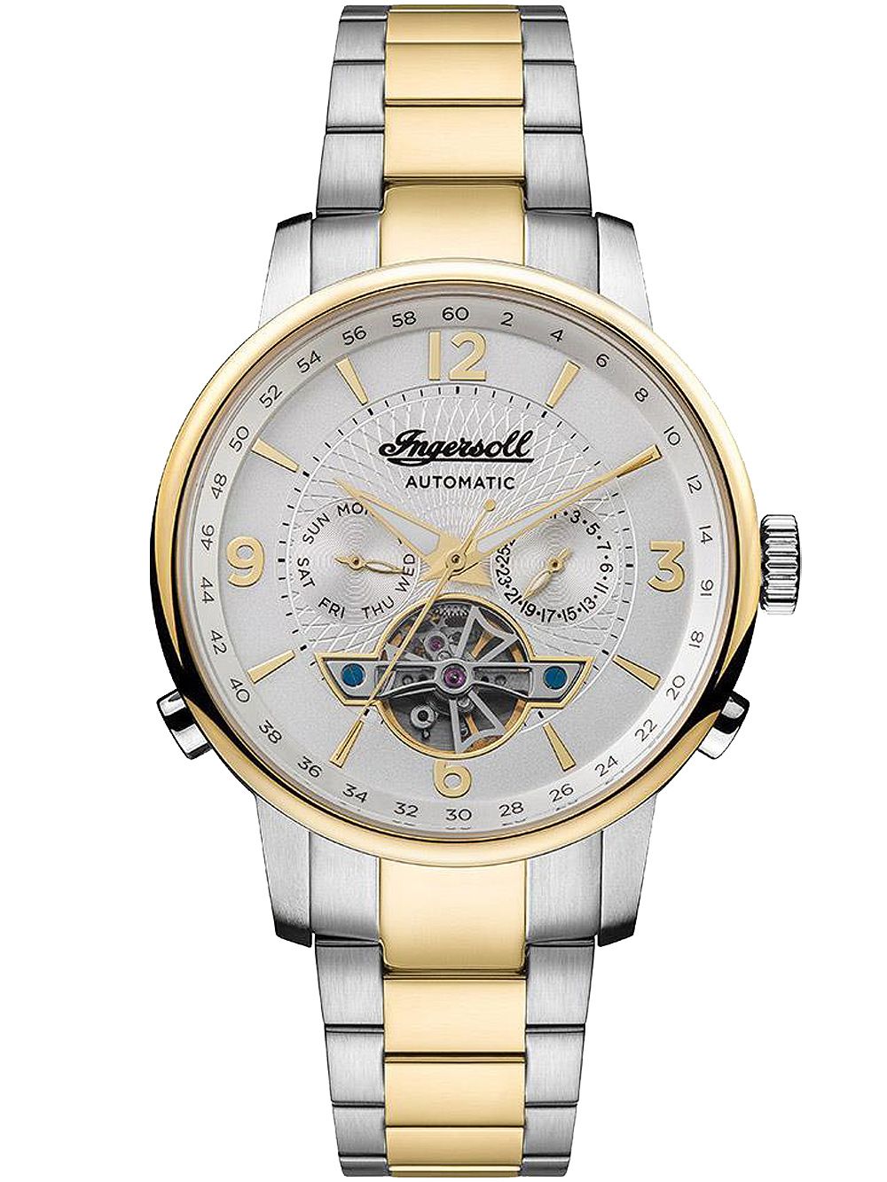Bicolor-Herrenuhr am Metallband (Stahl/Gold) mit offenem Automatikwerk und Datumsanzeige.