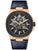 Herrenuhr mit blauem Lederband, roségoldfarbenem Gehäuse und offenem schwarzem Zifferblatt