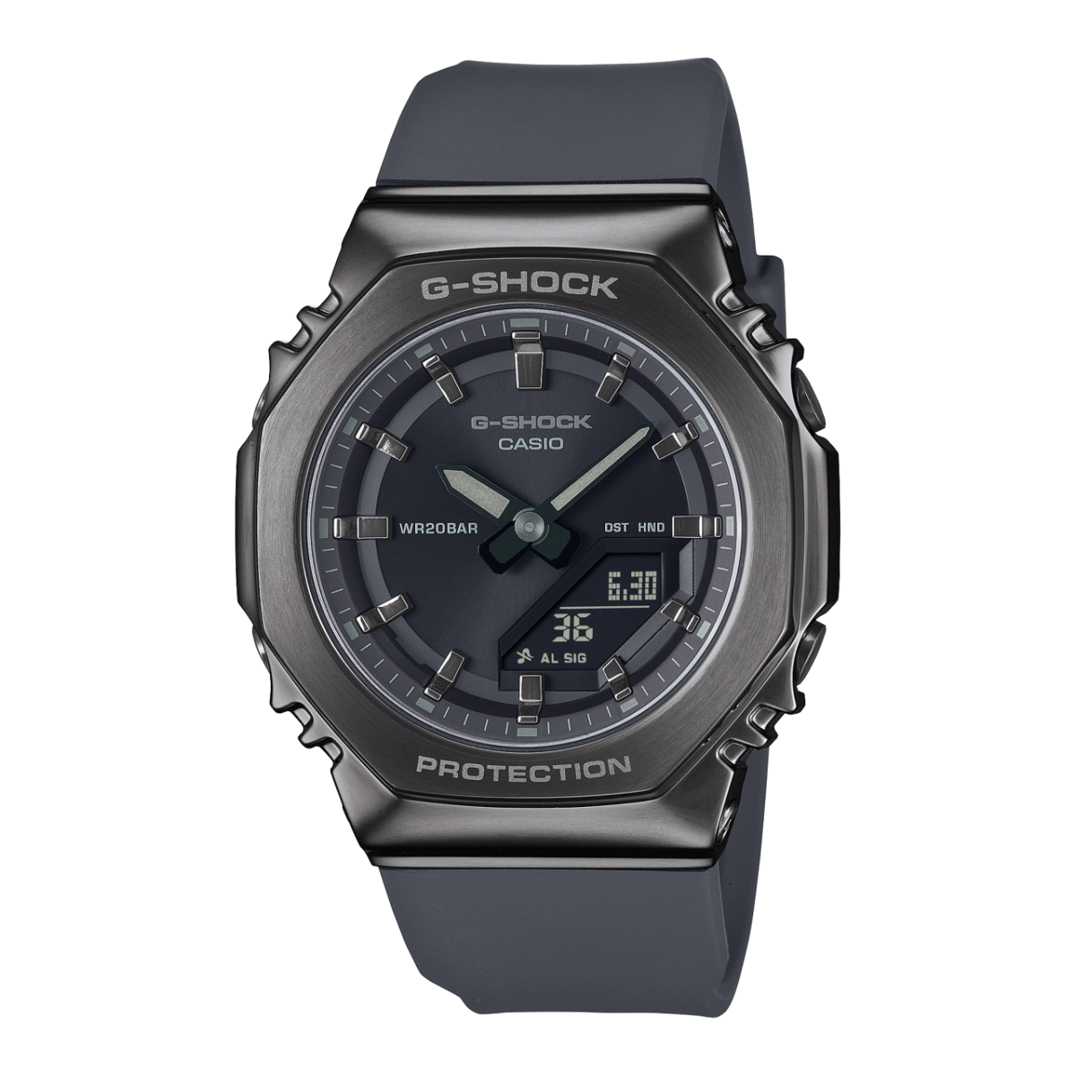G-SHOCK Damenarmbanduhr mit dunklem Zifferblatt, Metalllünette und schwarzem Kautschukband