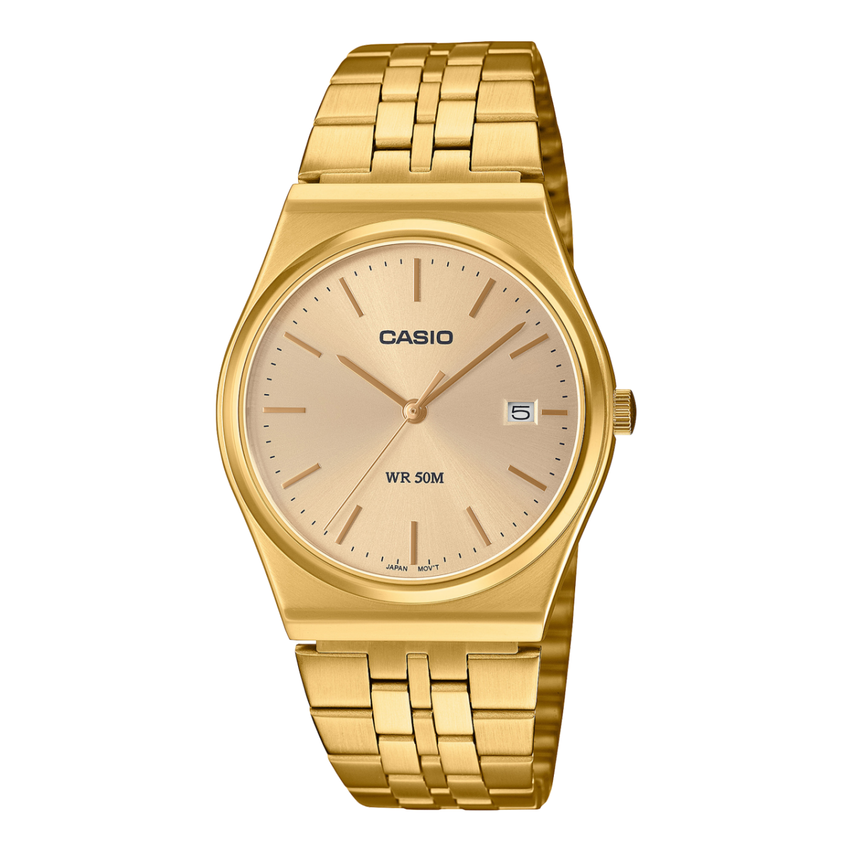 Herrenuhr mit goldenem Edelstahlarmband, hellem Zifferblatt und Datumsfenster (5)
