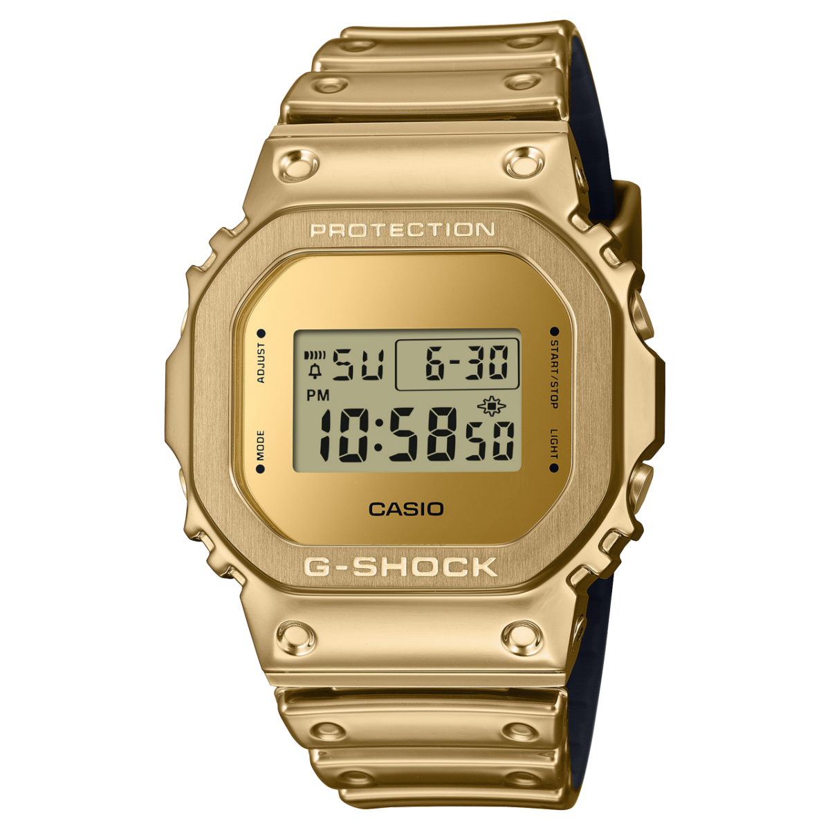Casio G-Shock Armbanduhr mit goldfarbener Metalllünette und Edelstahlband, digitales Display
