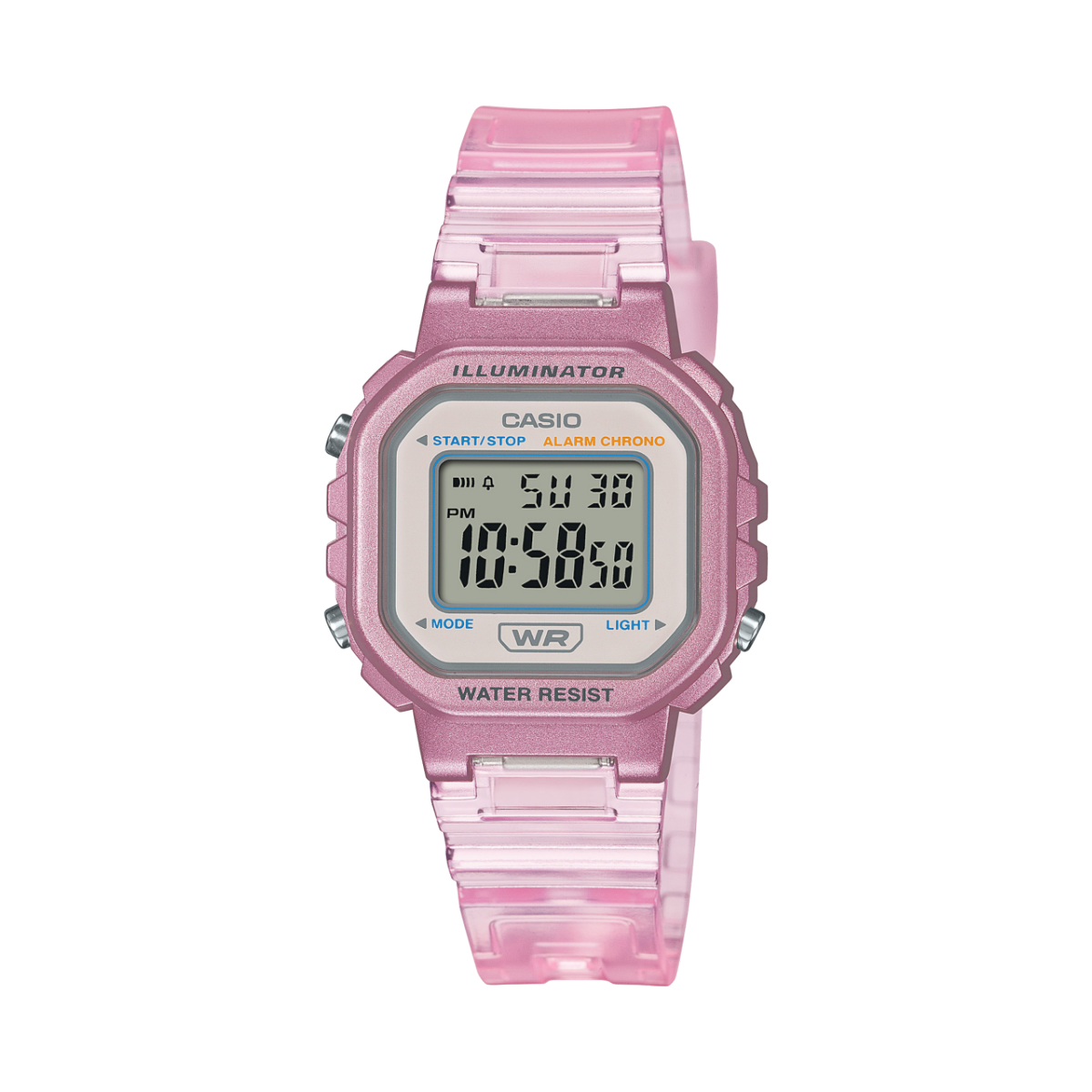 Damen-Armbanduhr mit rosa Kunststoffarmband, digitalem Display und LED-Illuminator