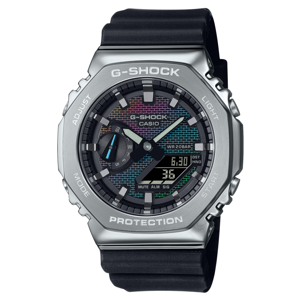 Casio G-Shock GM-2100 Herrenuhr mit schwarzem Kautschukband und Regenbogen-Zifferblatt