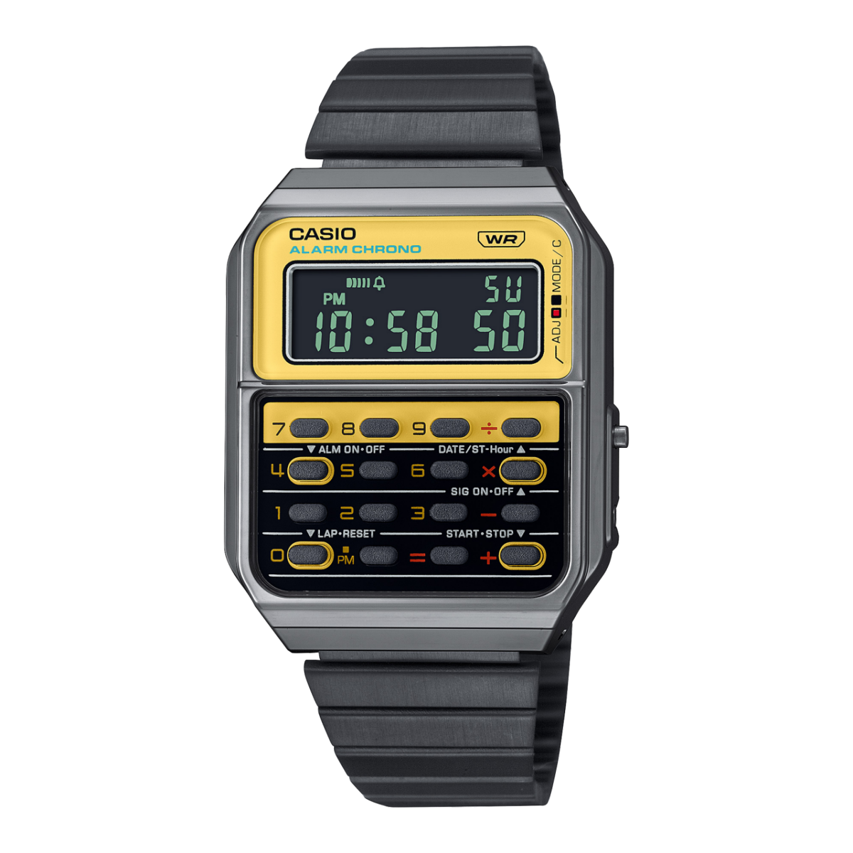 Casio Armbanduhr mit gelbem Display und Rechner-Layout, schwarzes Armband