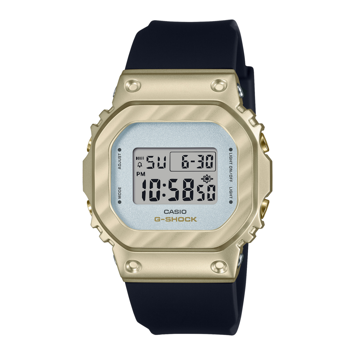 Casio G-Shock Uhr mit gelbgoldfarbener Metalllünette und schwarzem Kautschukband