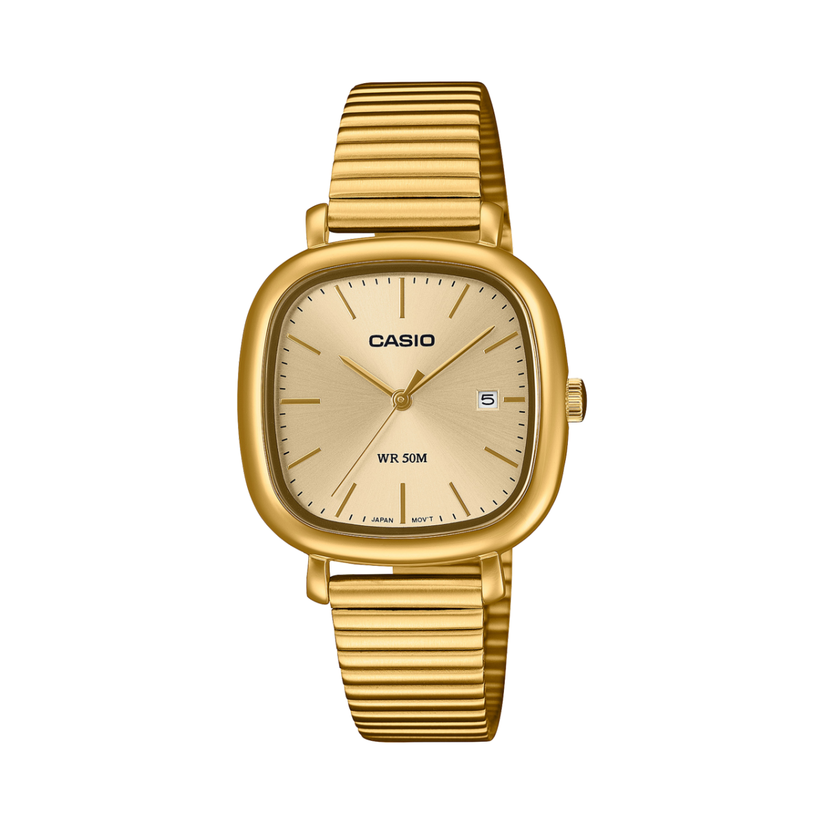 Casio Damen-Armbanduhr in Gold mit Mineralglas, Datumsanzeige bei 3 Uhr