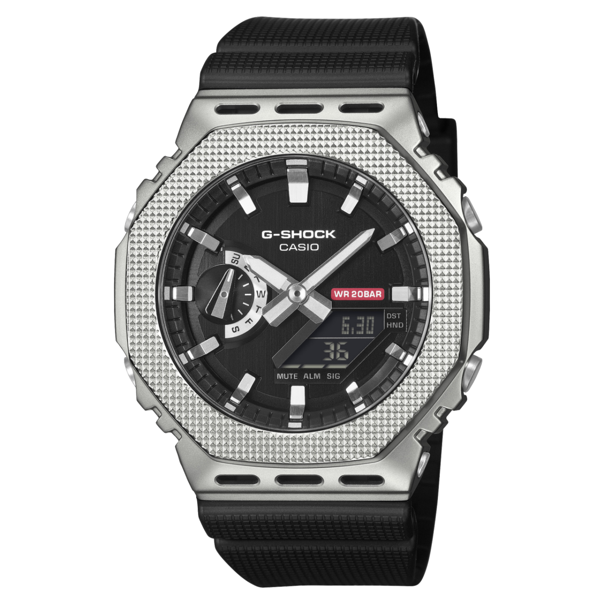 Casio G-Shock Herrenuhr mit silberner Metall-Lünette, schwarzem Zifferblatt und schwarzem Armband