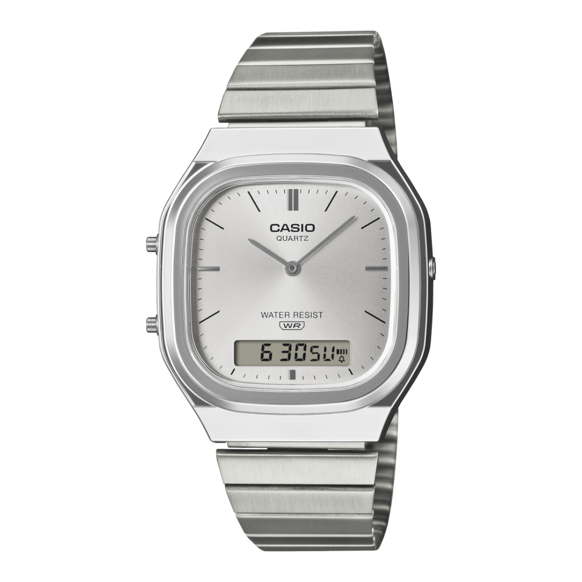 Casio-Armbanduhr mit silbernem Metallband, Analoganzeige und Digitaldisplay