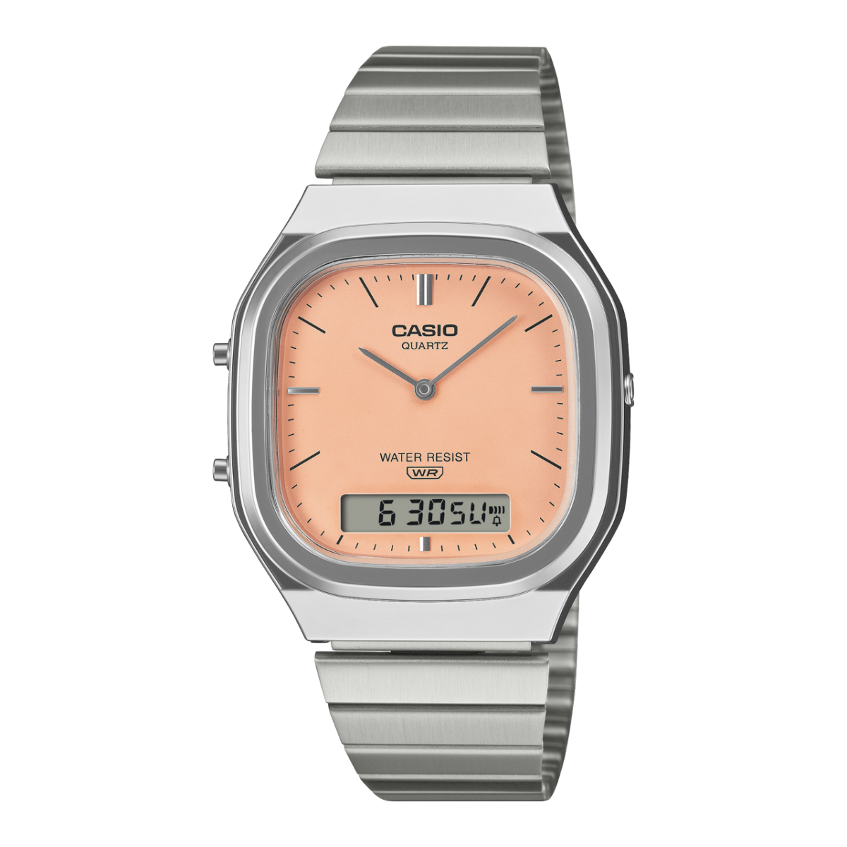 Casio Armbanduhr mit silbernem Metallarmband und pfirsichfarbener Analog-Digital-Anzeige