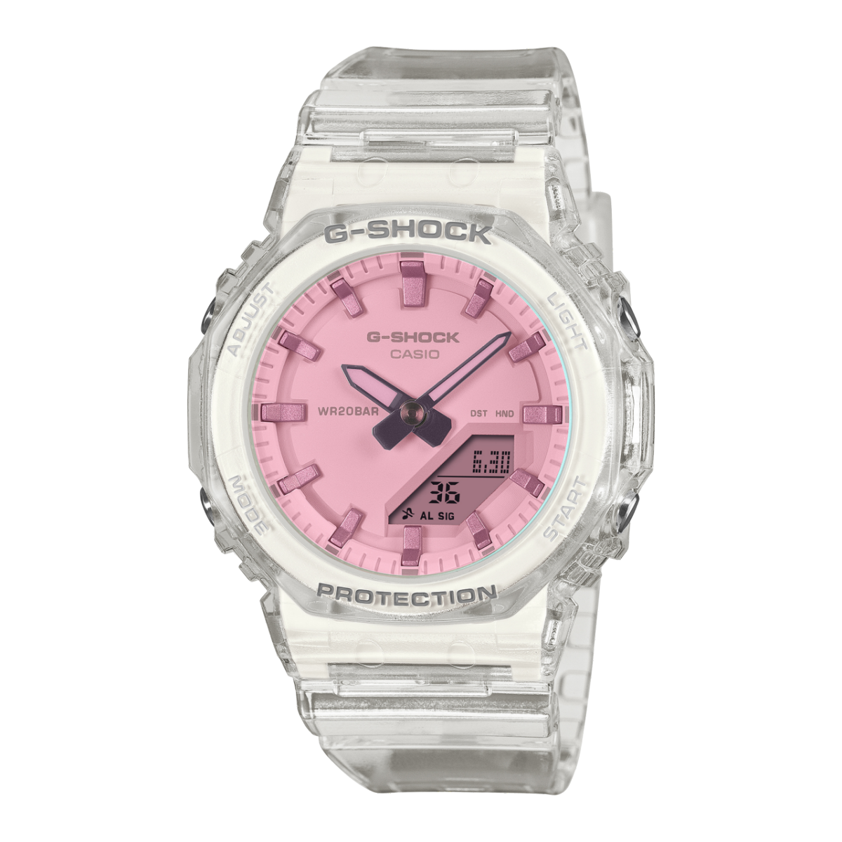 Casio G-Shock Armbanduhr mit rosafarbenem Zifferblatt und transparentem Armband