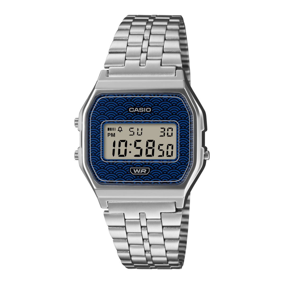 Casio Vintage Armbanduhr: dunkelblaues Seigaiha-Zifferblatt, Metallarmband