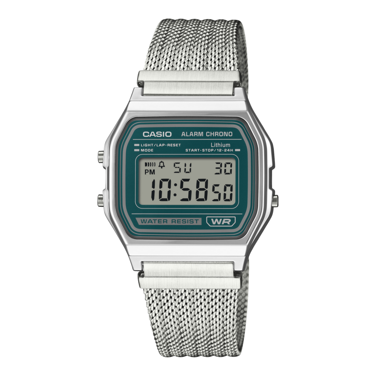 Casio Armbanduhr mit grünem Digitalzifferblatt, silbernem Mesh-Armband und Chrono-Anzeige