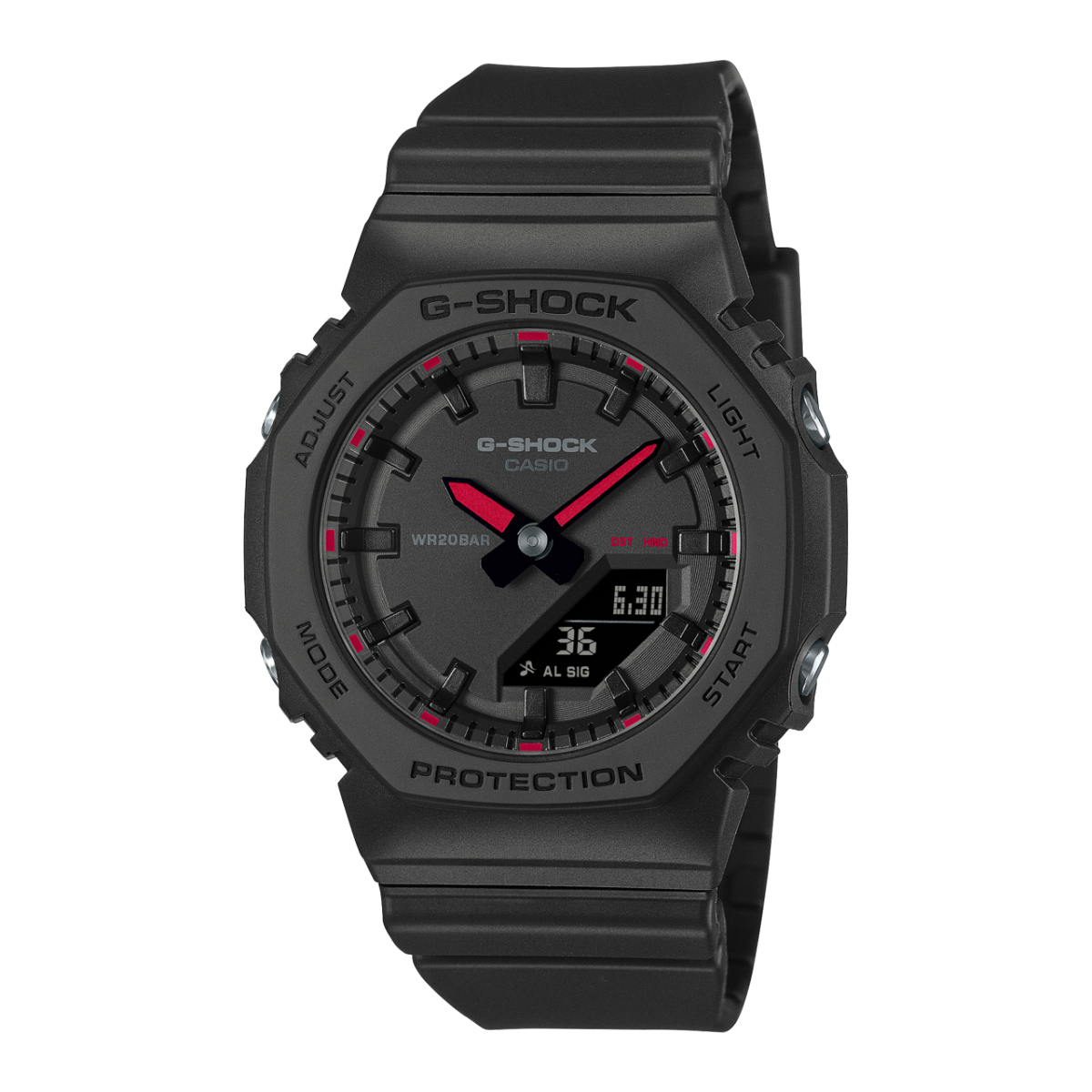 Schwarze Damen-Armbanduhr aus Resin mit G-Shock Zifferblatt, roten Akzenten und Datum.