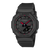 Schwarze Damen-Armbanduhr aus Resin mit G-Shock Zifferblatt, roten Akzenten und Datum.