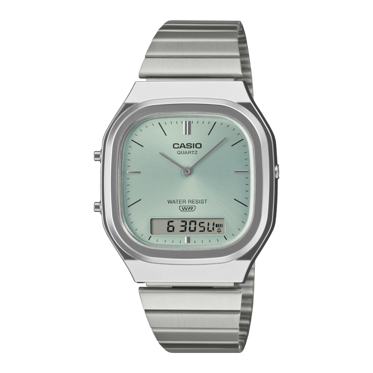 Casio Armbanduhr mit silbernem Edelstahlarmband und hellblau-grünem Zifferblatt
