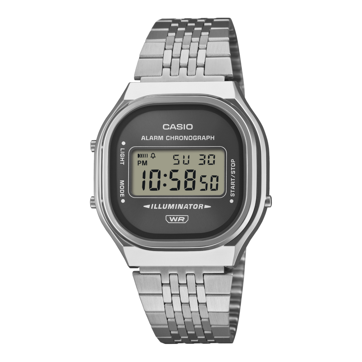 Casio Vintage Digitalarmbanduhr mit silbernem Edelstahlband und schwarzem LCD-Display