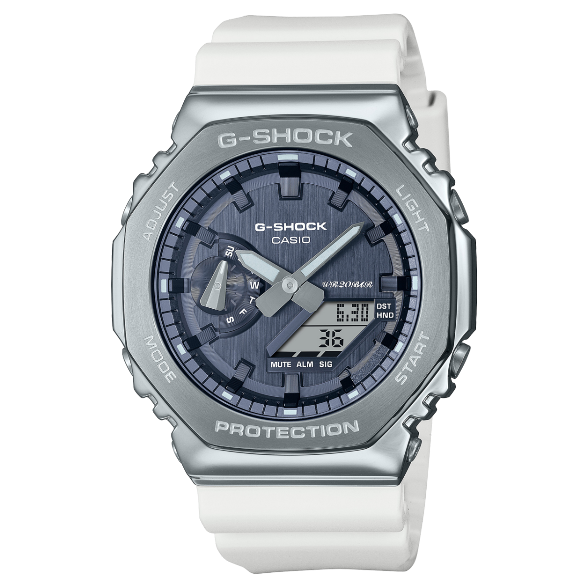 G-Shock Herrenuhr mit weißem Armband und silbernem Gehäuse, dunklem Zifferblatt