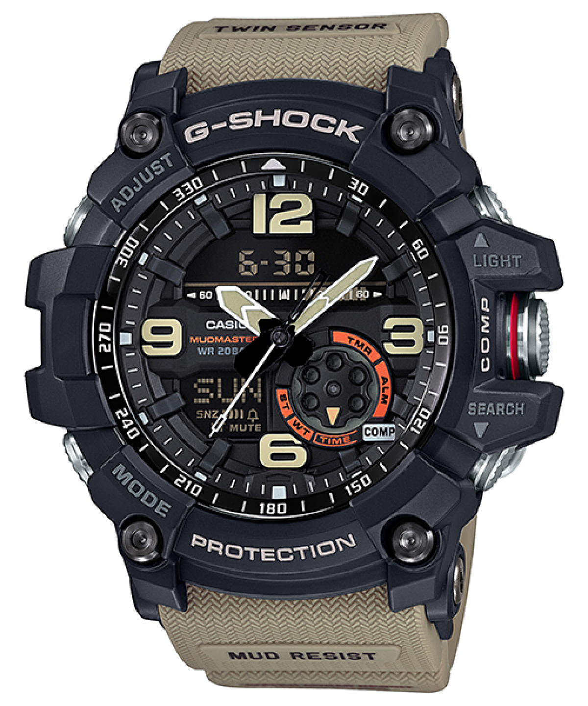 Zegarek męski G-Shock Mudmaster: czarna koperta, beżowy pasek, wyświetlacz cyfrowy