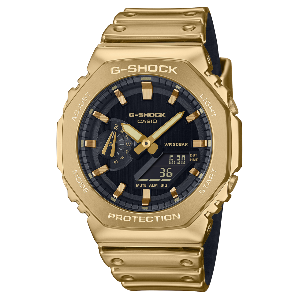 Goldfarbene G-SHOCK Armbanduhr mit schwarzem Zifferblatt und Metallarmband.