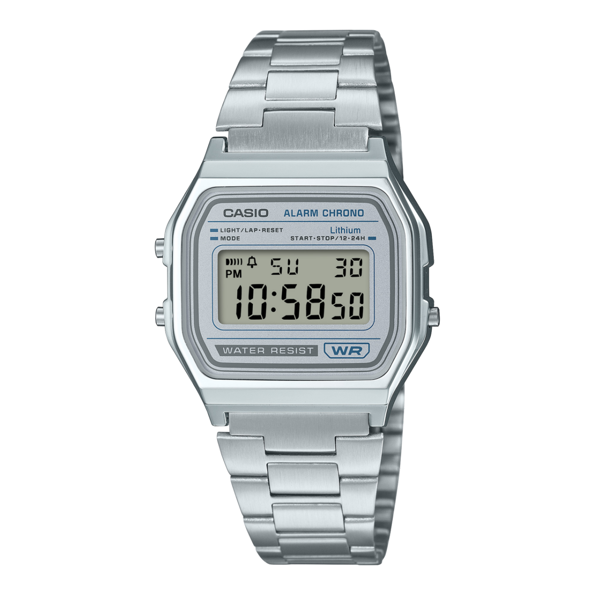 Casio Armbanduhr mit silbernem Metallband und digitaler LED-Anzeige