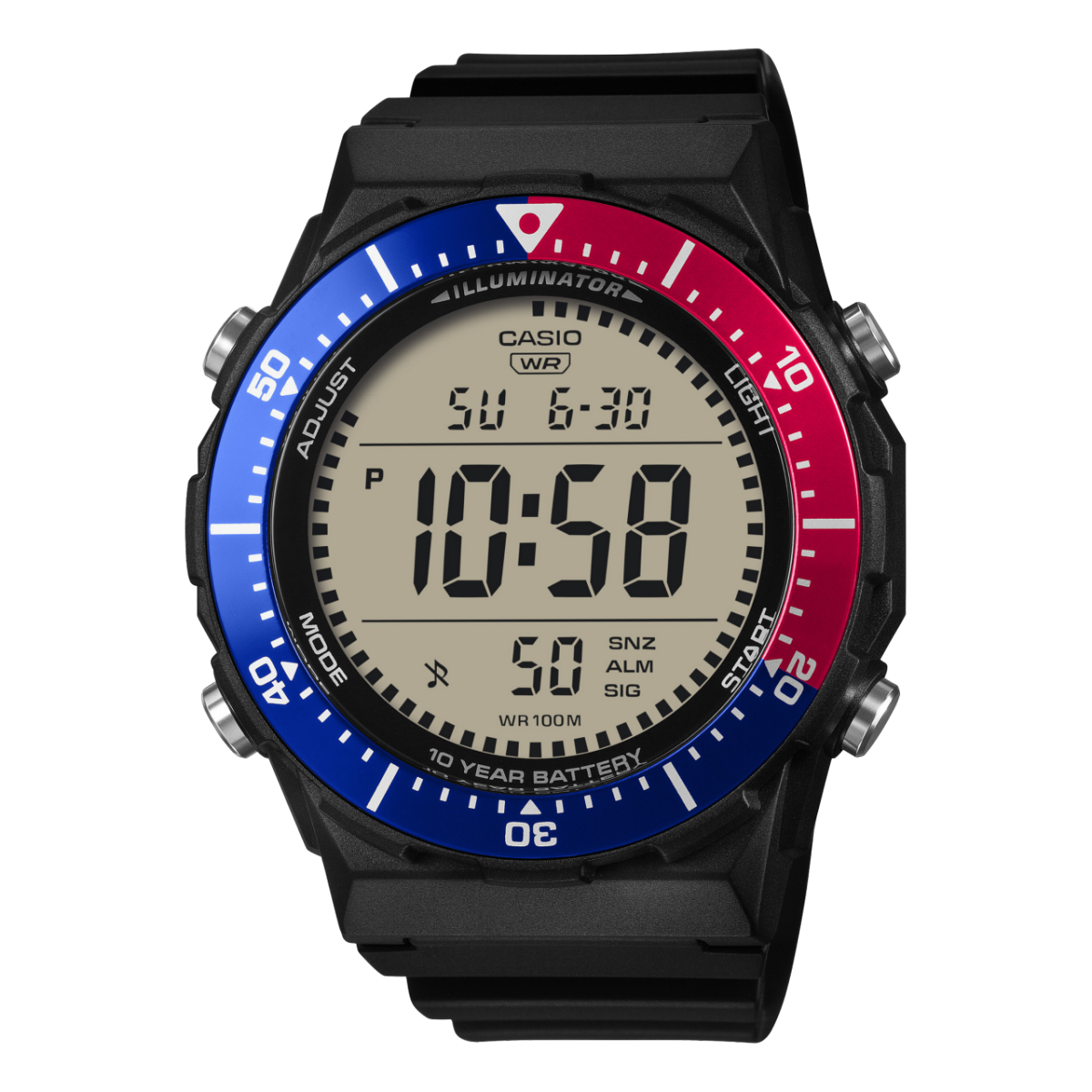 Schwarze Herren-Armbanduhr mit digitalem Display und blau-roter Lünette