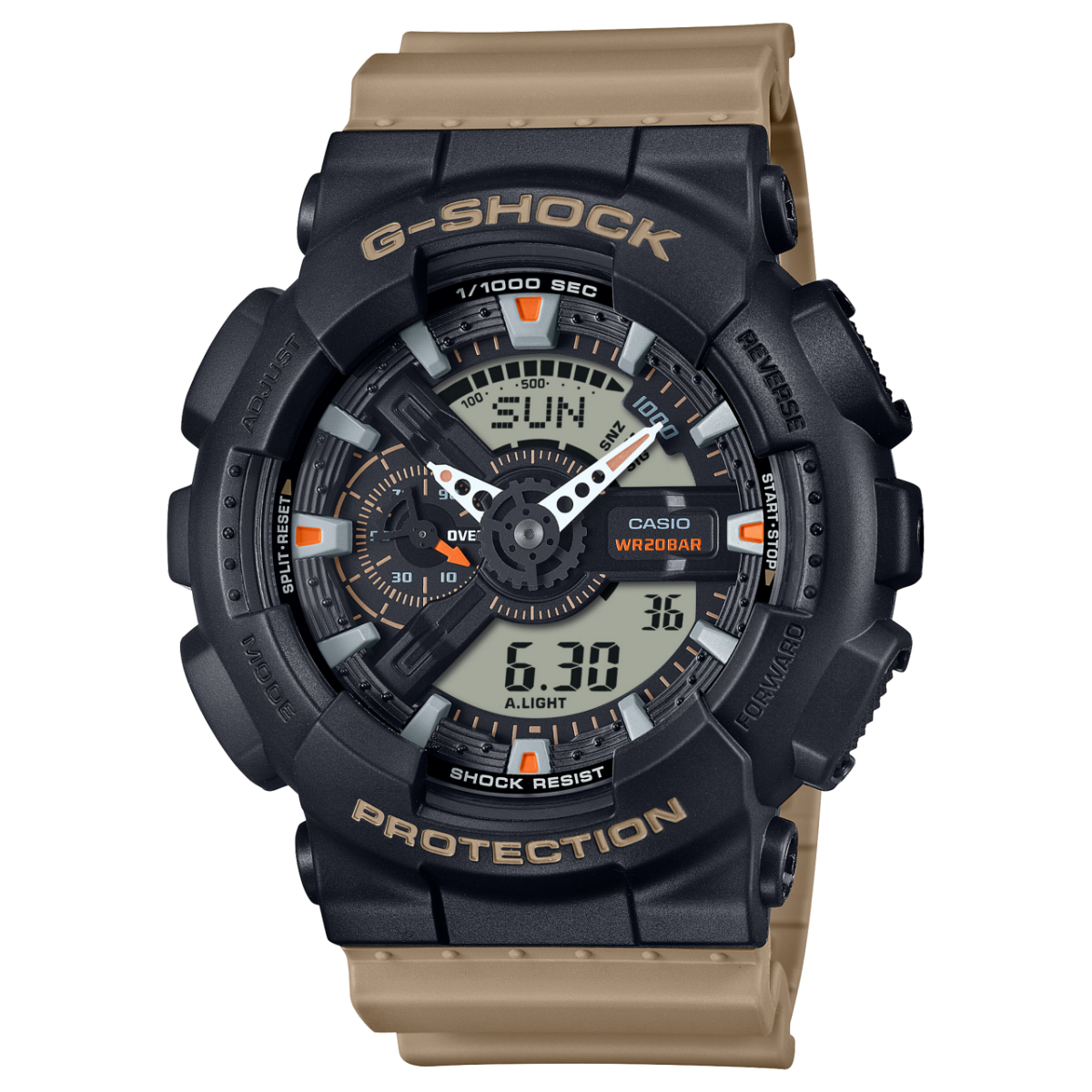Casio G-Shock Herrenarmbanduhr mit schwarzem Display und beigem Silikonband