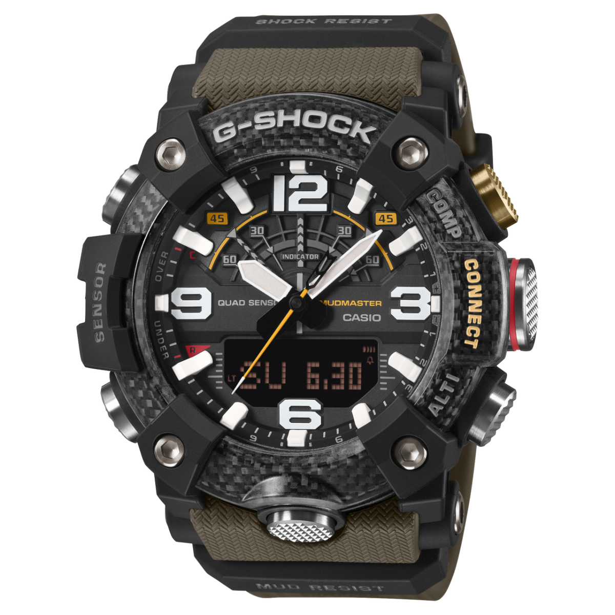 G-Shock Mudmaster Herrenuhr mit schwarzem Gehäuse und olivfarbenem Textilarmband