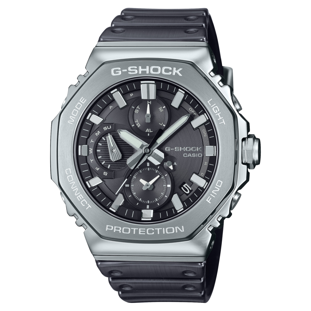Casio G-Shock Herrenuhr mit silbernem Gehäuse, schwarzem Zifferblatt und schwarzem Armband.