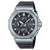 Casio G-Shock Herrenuhr mit silbernem Gehäuse, schwarzem Zifferblatt und schwarzem Armband.
