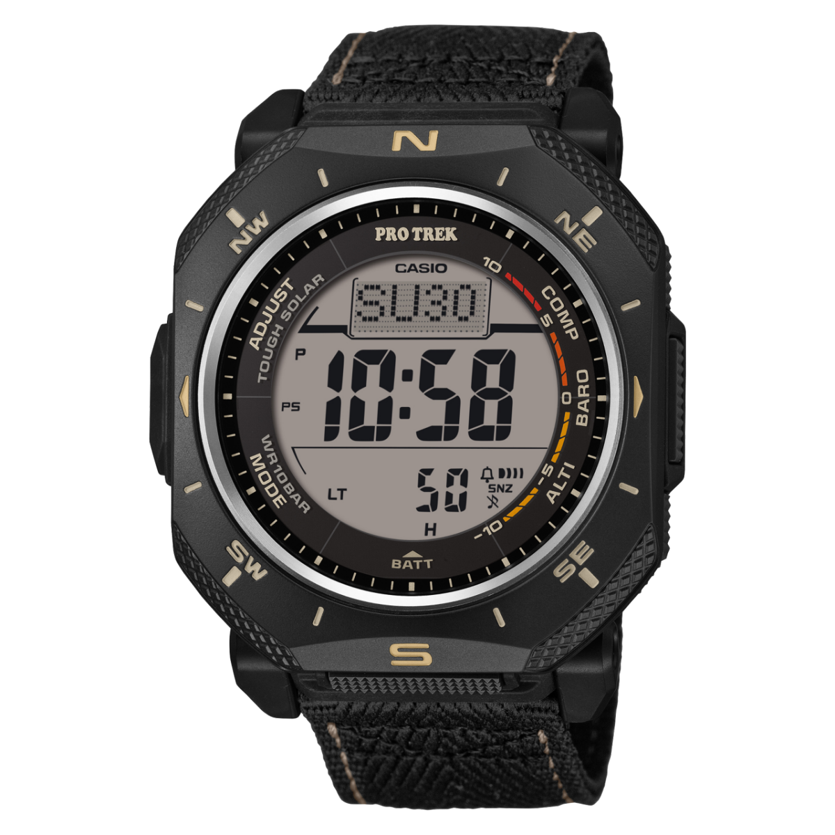 Casio PROTREK Armbanduhr mit schwarzem Digitaldisplay und schwarzem Textilarmband