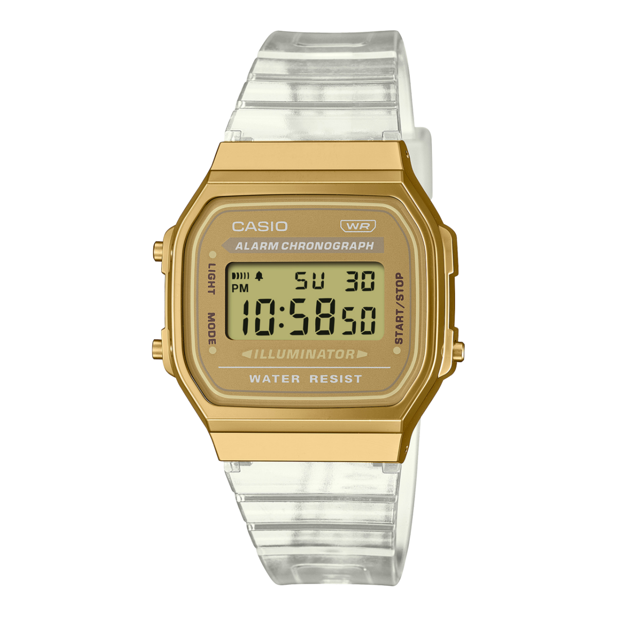 Casio Unisex-Digitalarmbanduhr mit goldfarbenem Gehäuse und transparentem Kunststoffband