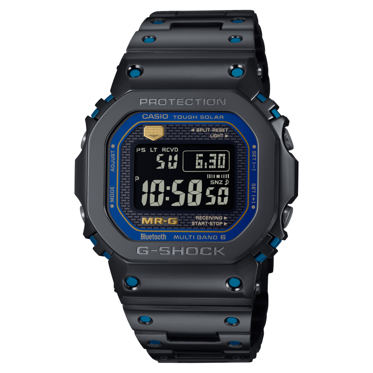 Herrenarmbanduhr G-SHOCK mit schwarzem Gehäuse und blauem Displayrand, rechteckiges Digitalanzeige-Fenster